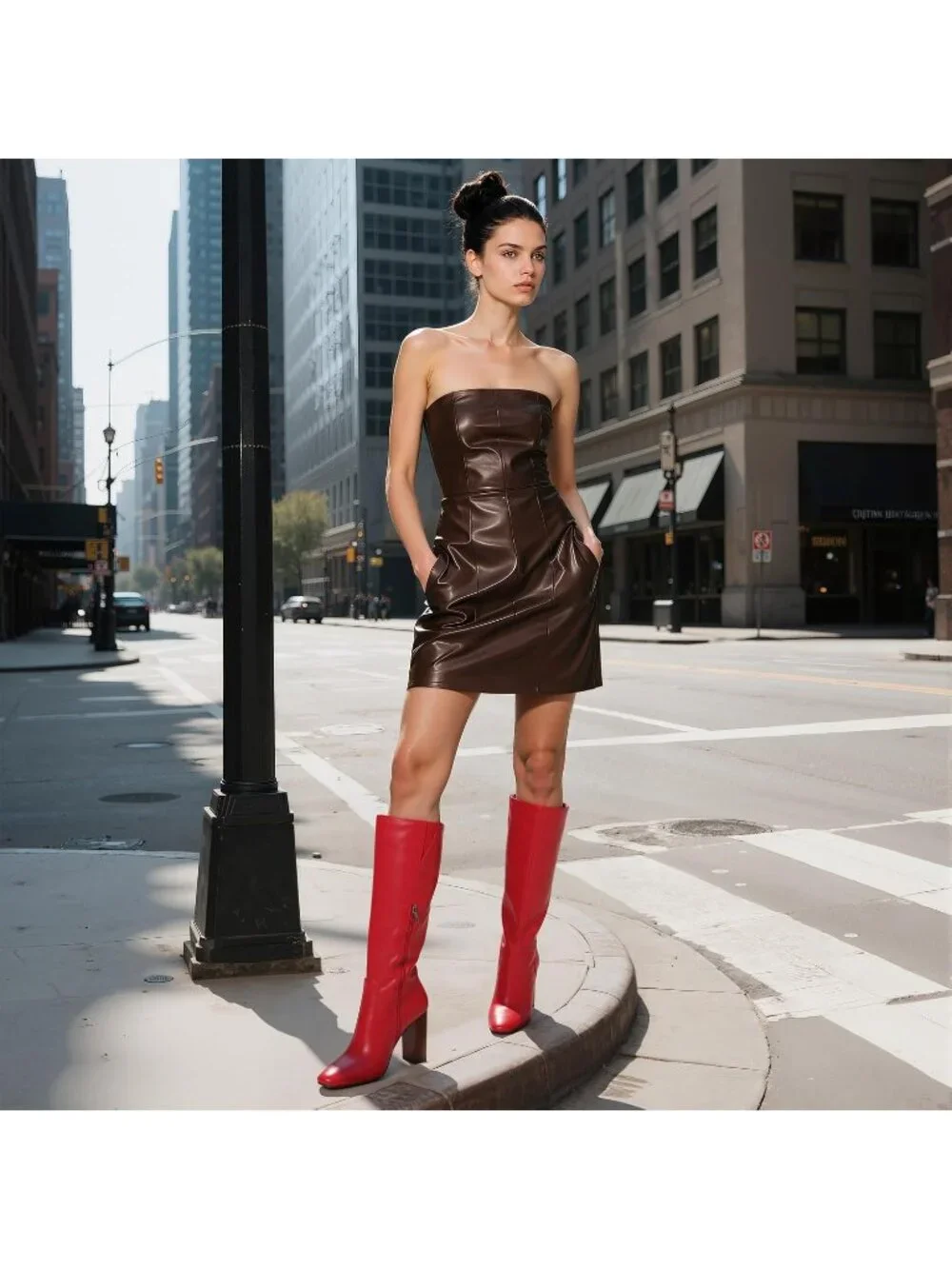 Women's Red Faux Leather Comfortable Square Toe Chunky High Knee High Boots
